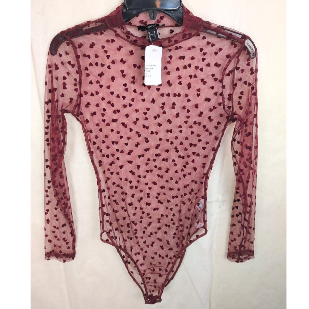 New Forever 21 sheer red velvet heart bodysuit Size Med Whimsigoth Coquette